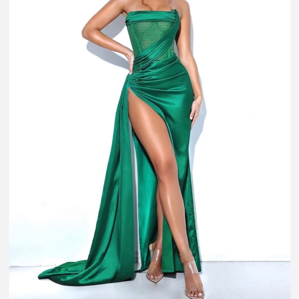 Miss Circle Holly Green Crystallized Corset High Slit Satin Gown